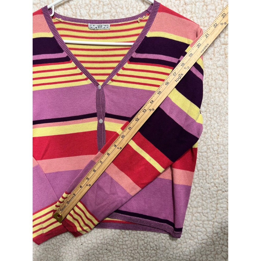 Vintage 90s Colorful Striped Cardigan Sweater V-Neck Purple Pink Yellow Red - Picture 5 of 6